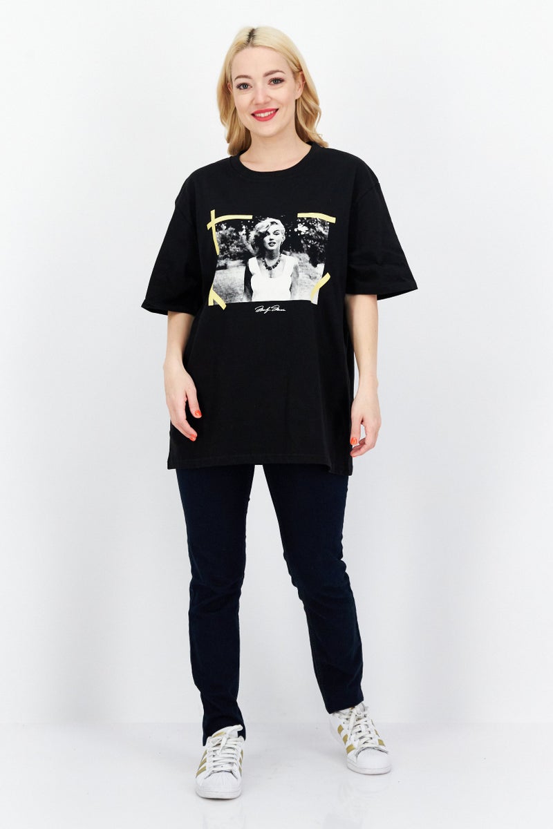 Marilyn Monroe Women Oversized Crew Neck Short Sleeve Graphic Print T-shirt, Black - Image 2